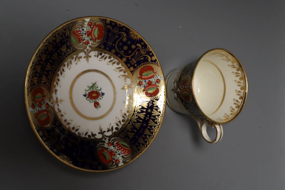 A Chamberlain Worcester cup and saucer in an imari style and a small cup and saucer in the same pattern, 15.5cm